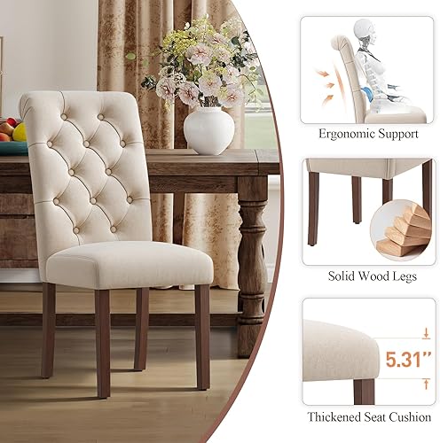 Miniatura 4 de Parsons - Juego de 2 sillas de comedor tapizadas con asiento acolchado y patas de madera maciza, sillas laterales de comedor con acento de tela para