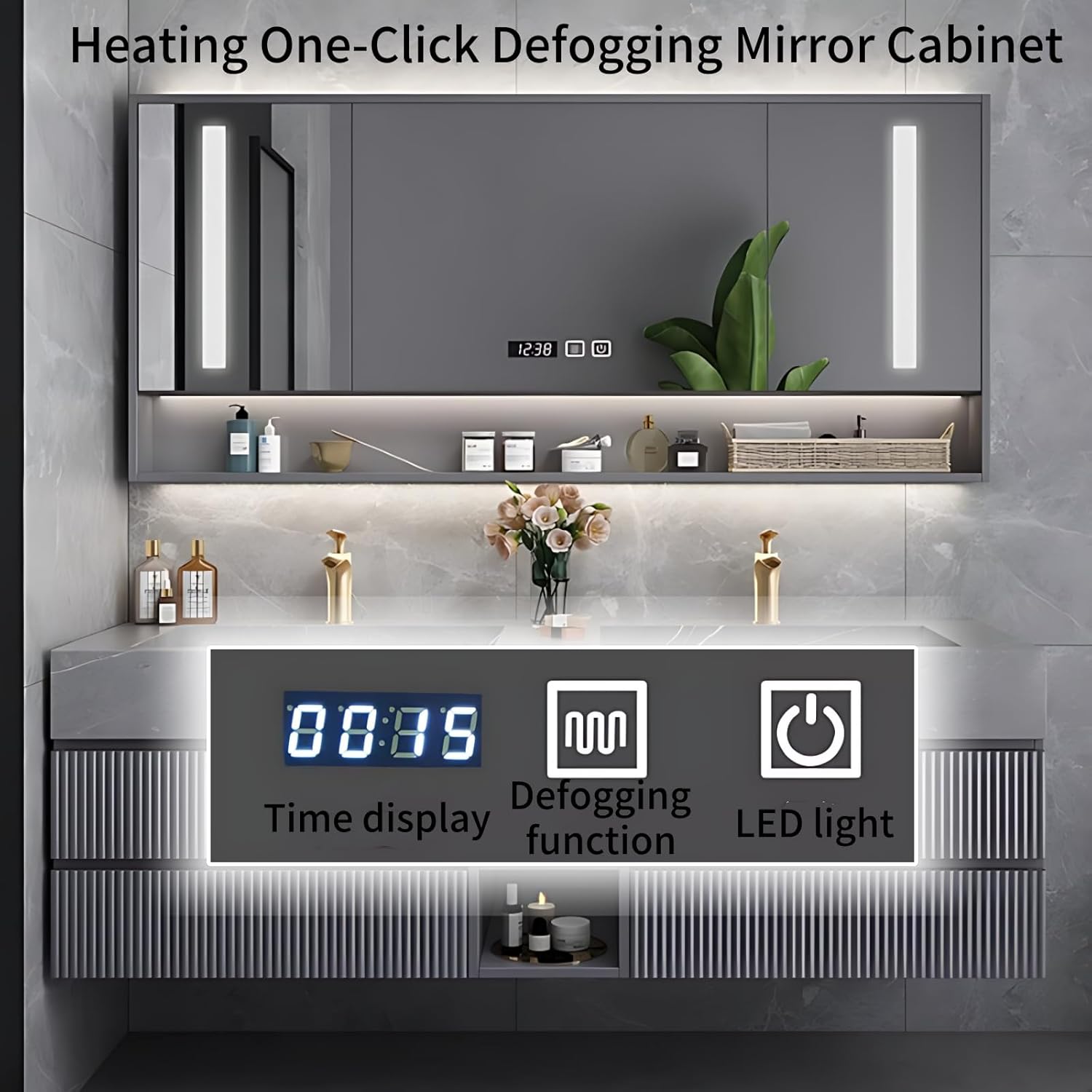 76IN Double Sink Bathroom Vanity Set - Wood Bathroom Cabinet with LED Intelligent One-Click Defogging Mirror & Open Shelving | Large-Capacity Storage With 3 Drawers, Bathroom Furniture (Style A)