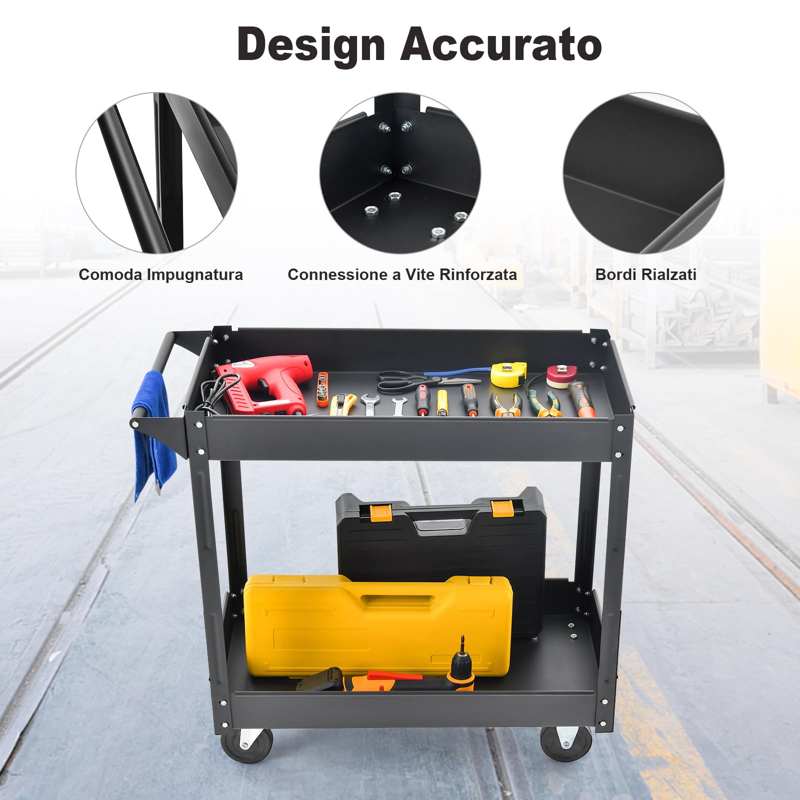 COSTWAY Carrello Porta Attrezzi in Metallo a 2 Livelli, Carrello Portautensili Multifunzione con Maniglia, Capacità di carico di 50 kg (Nero)