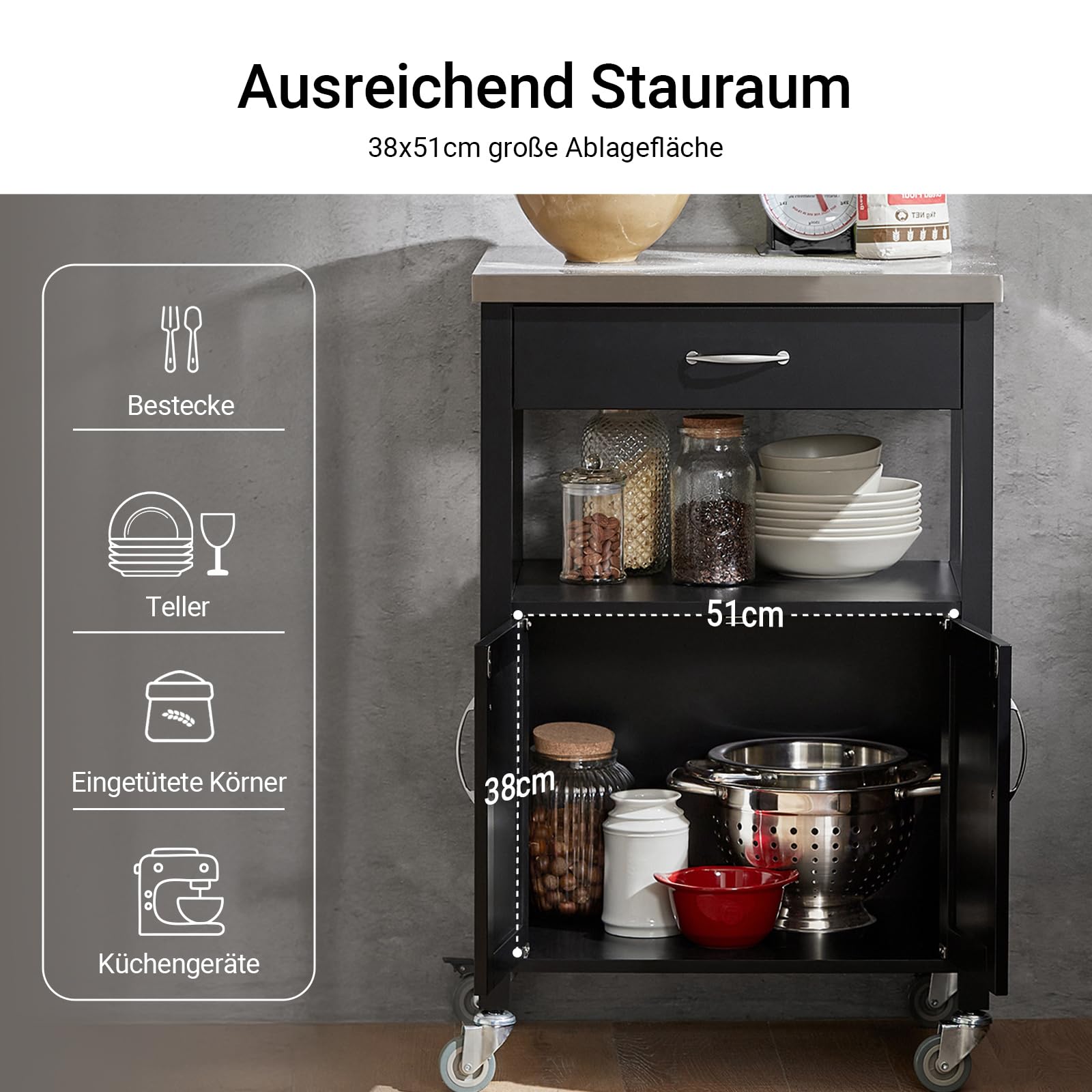 SoBuy Küchenwagen mit Arbeitsplatte – Servierwagen mit Rollen, Rollwagen Küche, Vielseitiger Küchenschrank, Beistelltisch aus Holz, Grillwagen Outdoor & Grilltisch Outdoor Schwarz 60x92x45cm FKW22-SCH