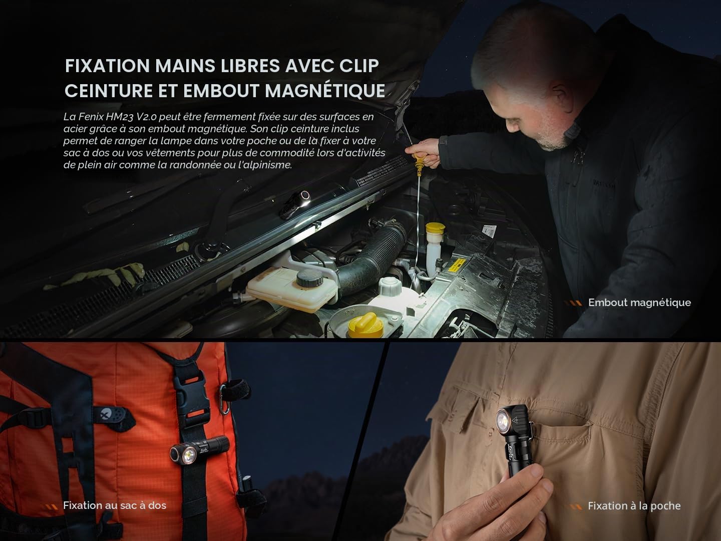fenix HM23 V2.0 Lampe frontale multi-usages compacte et légère à angle droit 300 lumens 88 m 100 heures maximum Alimentation par piles AA Capuchon arrière magnétique Inclinaison verticale 150° IP68