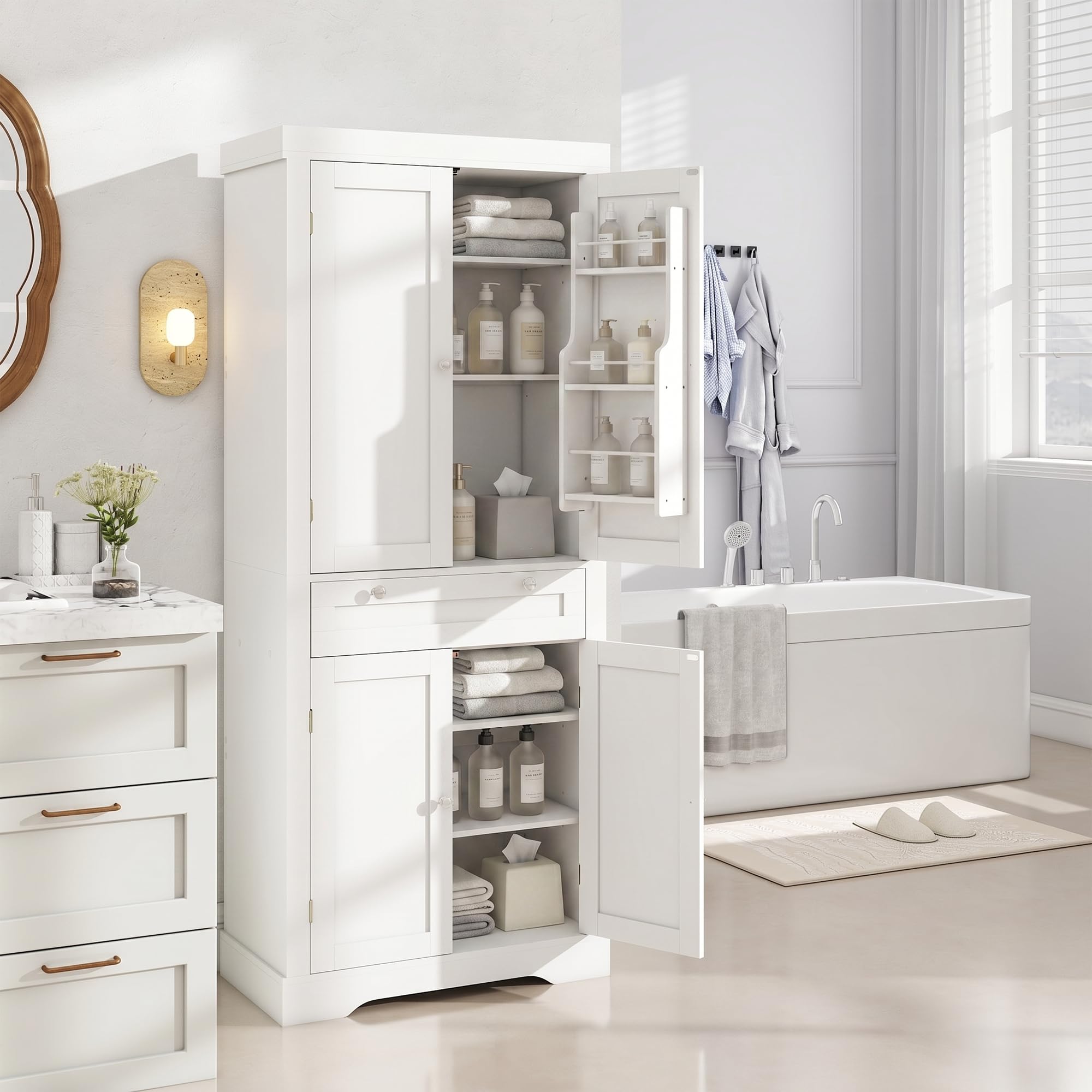 Küchenschrank, 182cm Vorratsschrank Weiß, Sideboard Wohnzimmer mit 1 Schubladen und 4 Türen, 76 x 40 x 182 cm, Spanplatte + MDF, Moderner Hochschrank Küche für Küche, Esszimmer und Wohnzimmer