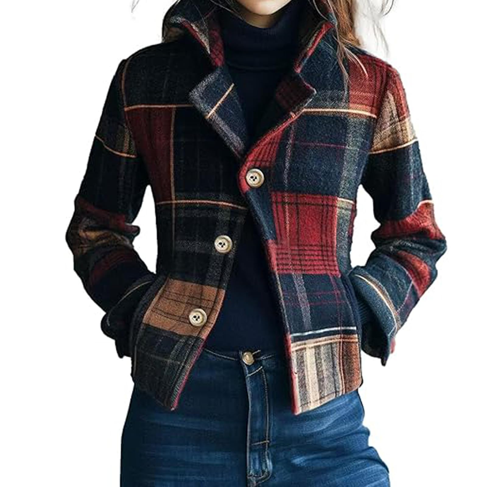 2026 New Womens Plaid Retro Warm Blazer Casual Coat Short Single Breasted Jacket with Stand Collar Pockets