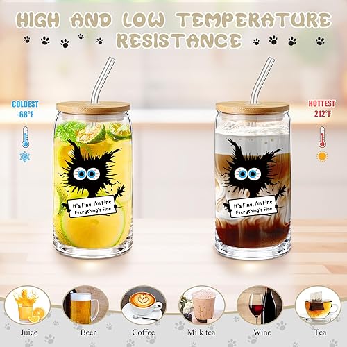 Miniatura 10 de Hushee Juego de 3 regalos para amantes de los gatos para niñas y mujeres, incluye tazas de vidrio con temática de gatos de 16 onzas con tapa, pajita