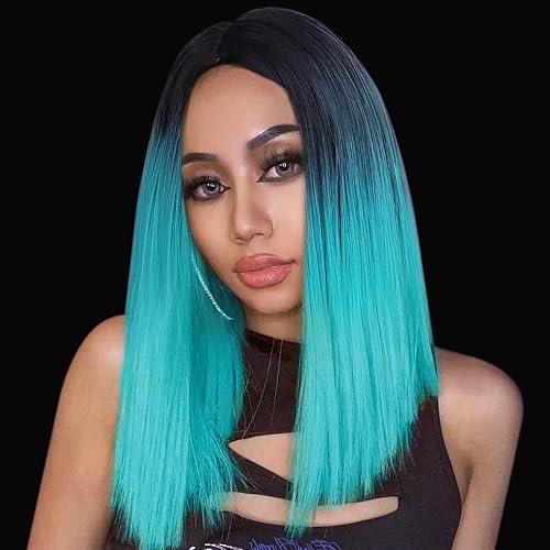 Quick Wig Ombre Teal Blue Wig Short Straight Bob Wigs Bluish Green Wig for Women Shoulder Length Synthetic Full Wig for Party Cosplay Costume Use