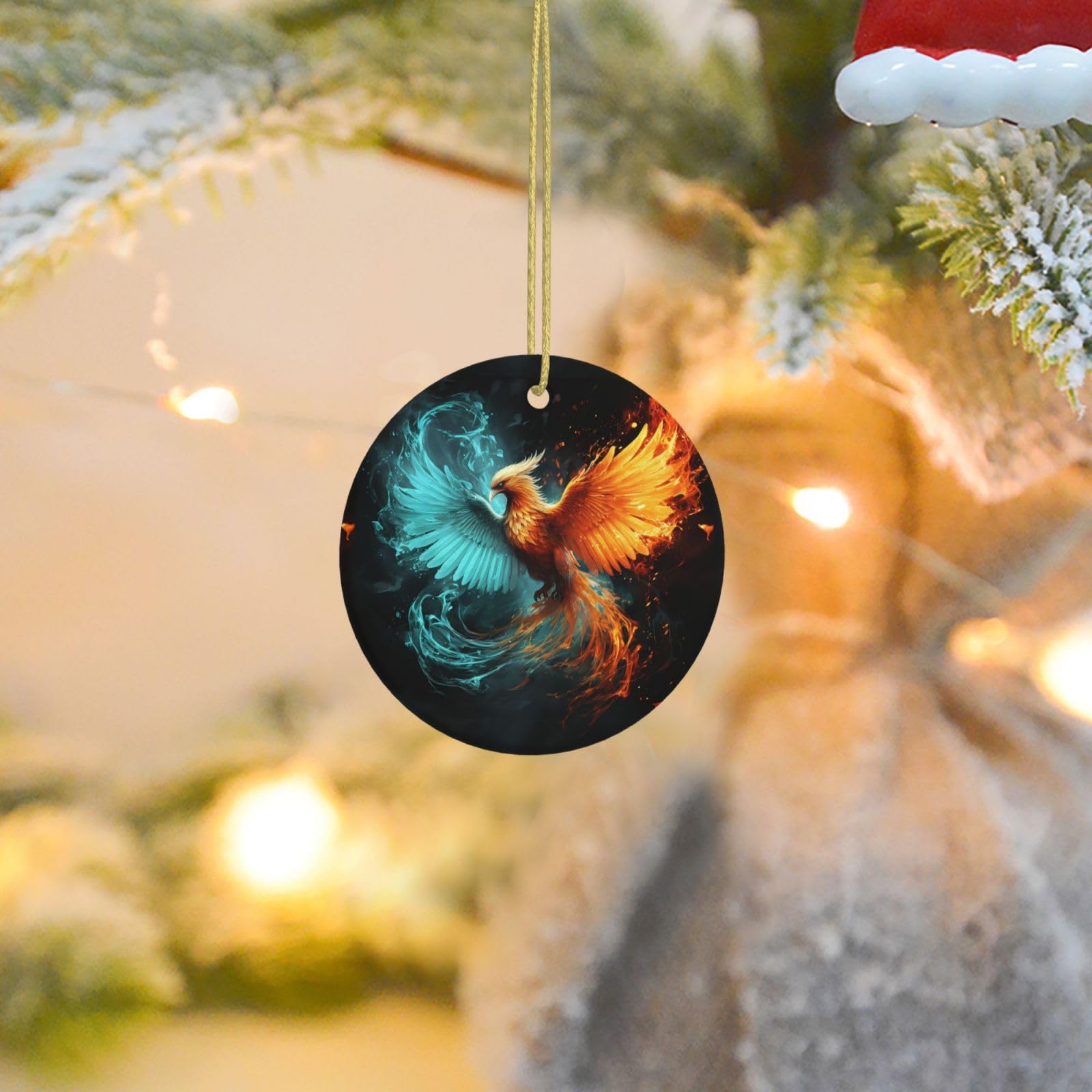 Christmas Tree Ornaments Ceramics Christmas Round Decorations Fire and Water Phoenix Ceramics Ornaments Circle Pentagram Xmas Tree Hanging Pendant for Christmas Tree Party Holiday Home Decor