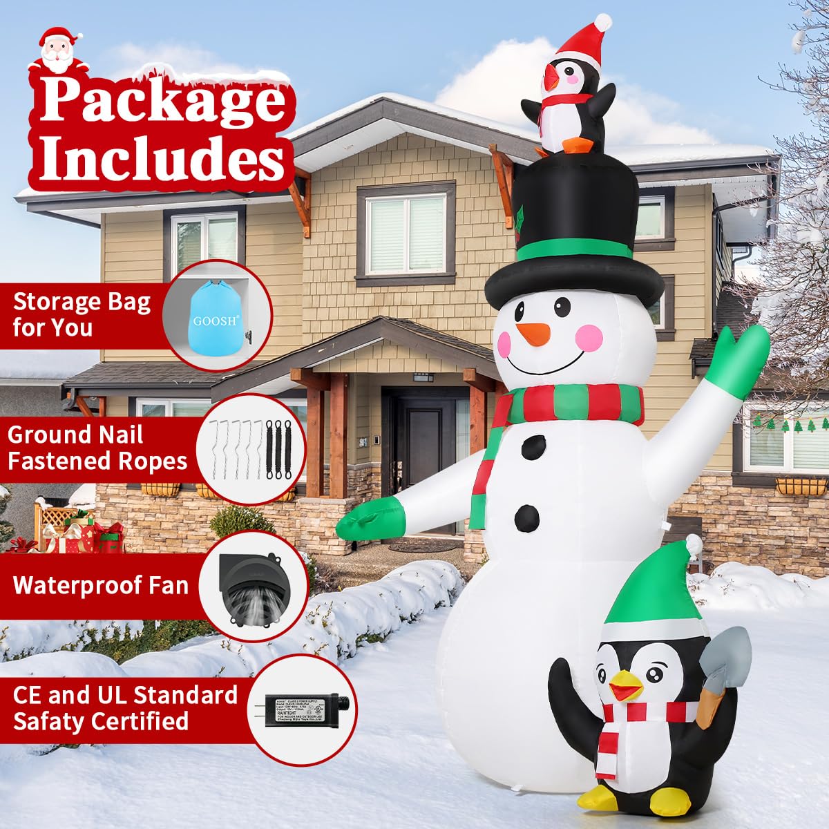 GOOSH Bonhomme de neige gonflable et pingouins de Noël de 2,1 m - Décoration extérieure - Bonhomme de neige souriant et pingouin mignon avec LED intégrées pour décoration intérieure, fête, jardin,