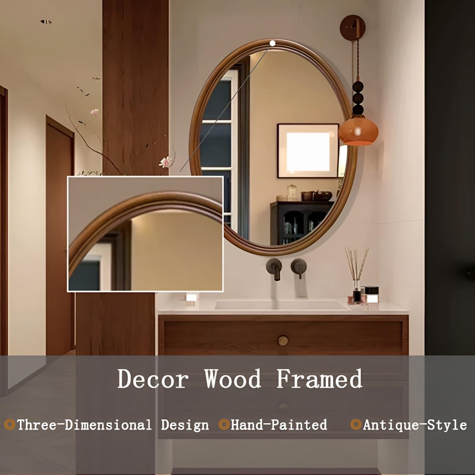 Specchio Da Parete Con Cornice In Legno, Specchio Ovale Per Il Trucco, 50*70cm Specchio Cosmetico Ad Impermeabile E Antiossidante, Per Soggiorno, Ingresso E Camera Da Letto, Marrone(60*90cm(23.62*35.4