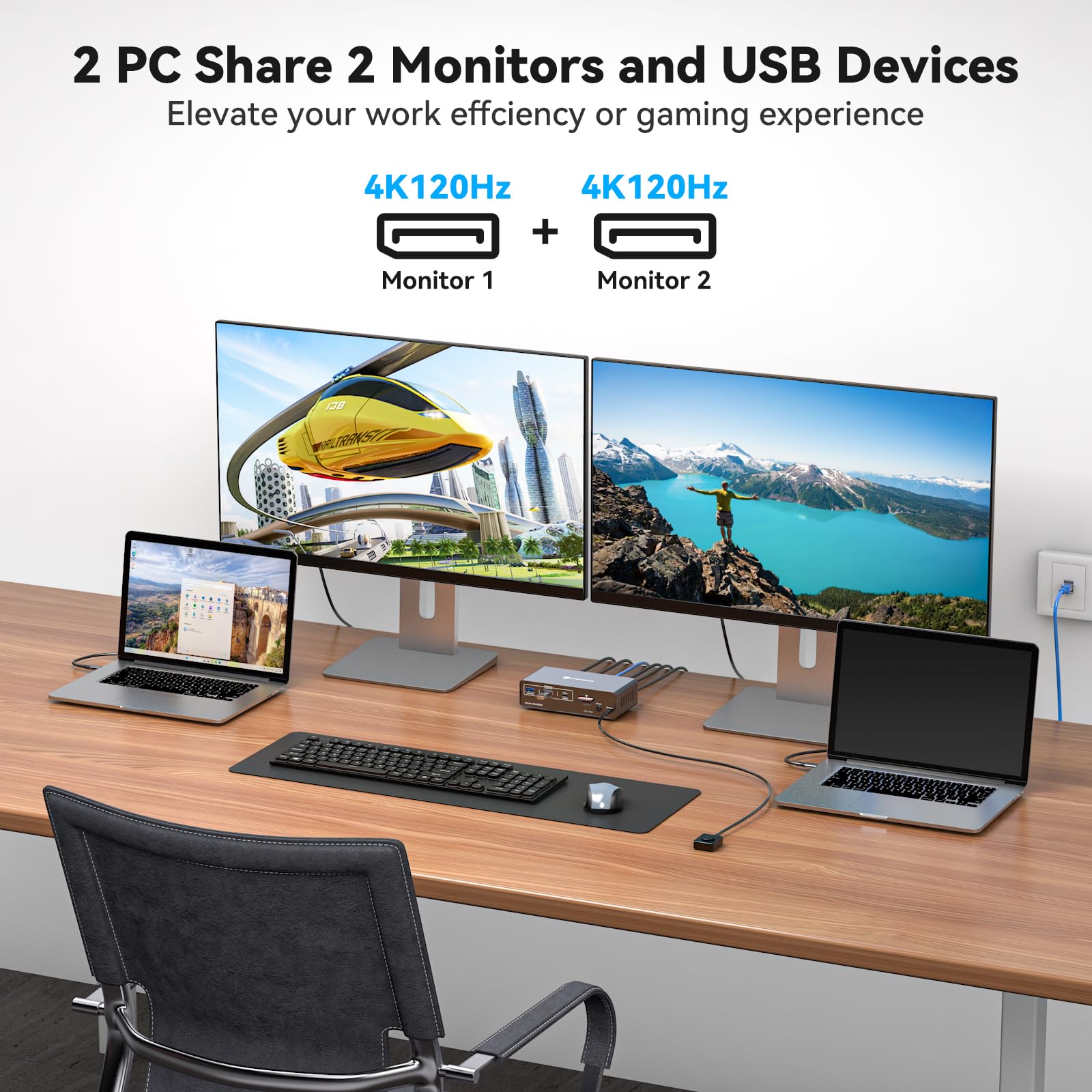 MLEEDA Displayport KVM Switch 1 Monitores 2 Computadoras 8K @30Hz 4K @144Hz, USB3.0 DP KVM Switches Para 2 Computadoras Compartir Un Solo Monitor Y Teclado Mouse, Control Remoto Con Cable Y