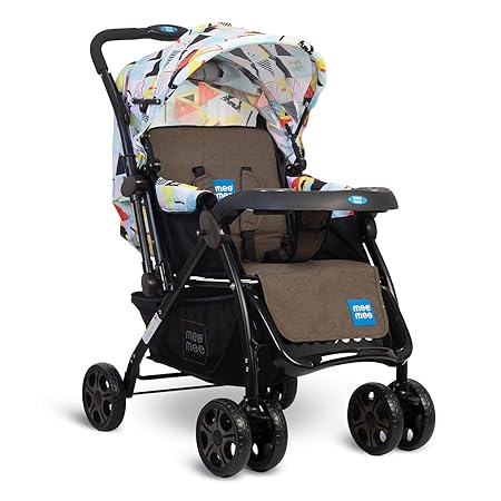 Mee Mee Cozy Cruise Baby Stroller/ Pram | Premium Pram, Easily Foldable with 5 Point Safety Harness, One Hand Fold, Multi Level Recline Cushioned Seat, Canopy & Footrest | Fully Rotating Wheels for 0-3 Yrs (Grey_Black)