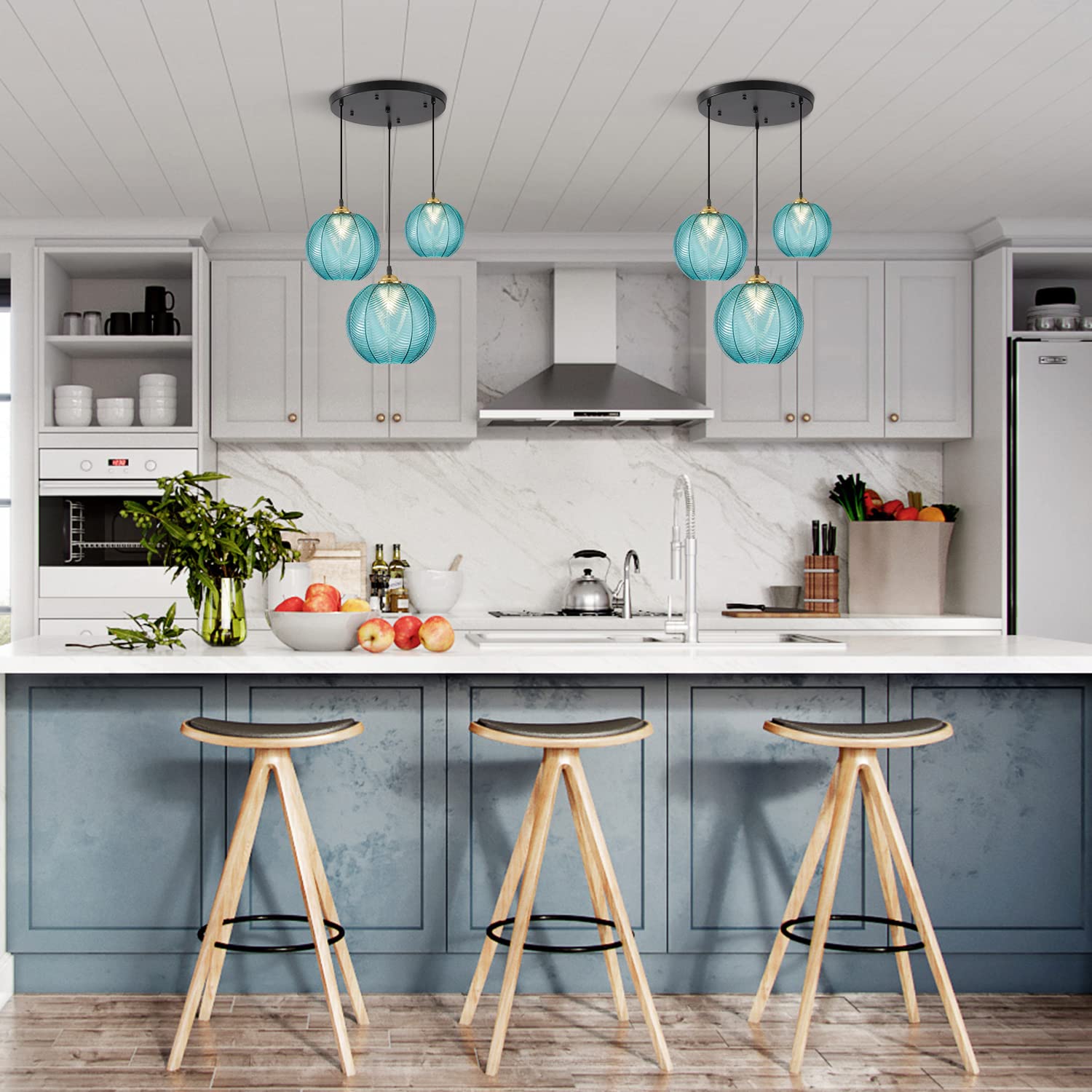 KCO Lampada a sospensione moderna a 3 luci, in vetro a righe, colore blu, per soggiorno, sala da pranzo, camera da letto