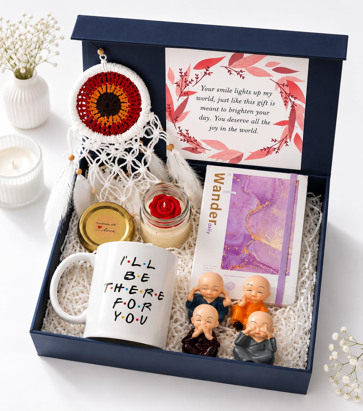 Rarejoy Gift for Women Wife Girlfriend Birthday Anniversary Dreamcatcher Cute Budha Monks Mug Candle Diary Greeting Card Set of 5