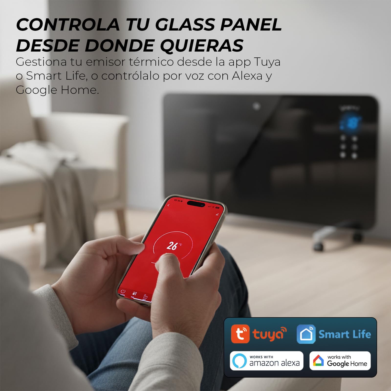YOEVU | Radiador eléctrico bajo consumo 1500W | Programable con control móvil y WIFI | Termostato regulable | Soporte con ruedas | IP24 | Protección sobrecalentamiento | Blanco