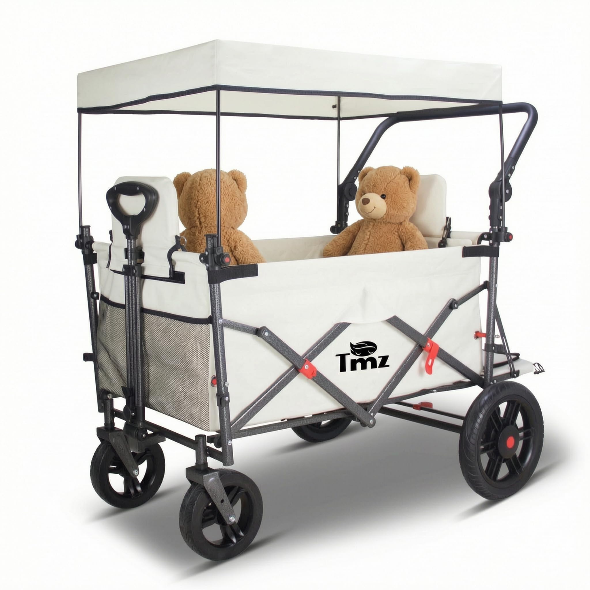 TMZ Bollerwagen Faltbar mit 2 Integrierte Klappsitze, Handwagen mit Bremsen und Dach, Klappbar Transportwagen, Tragfähigkeit 120 kg für Alle Gelände Camping Strand Einkaufen(Beige)