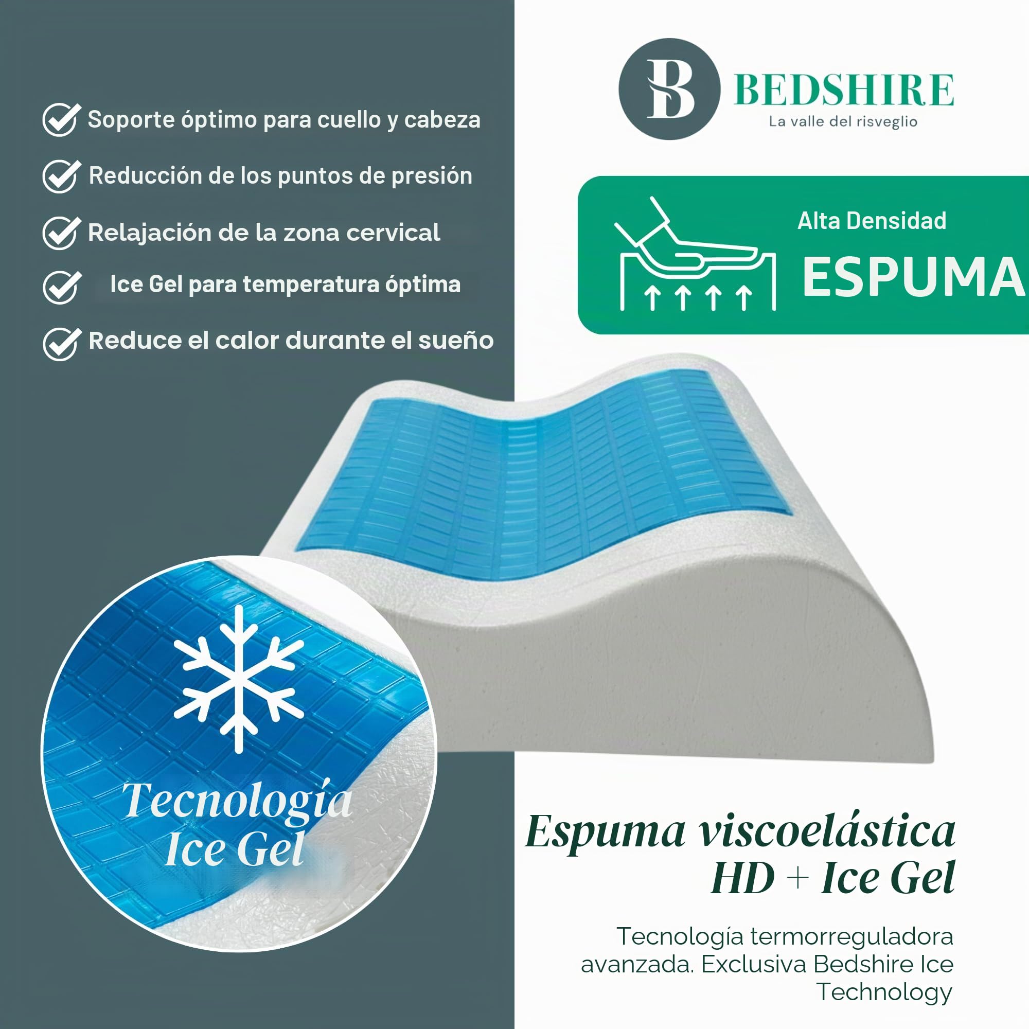 Bedshire Pillow - Almohada cervical, almohada ortopédica para cuello, de espuma viscoelástica HD, funda de algodón desenfundable con gel termorregulador y lados transpirables, 13 cm de altura