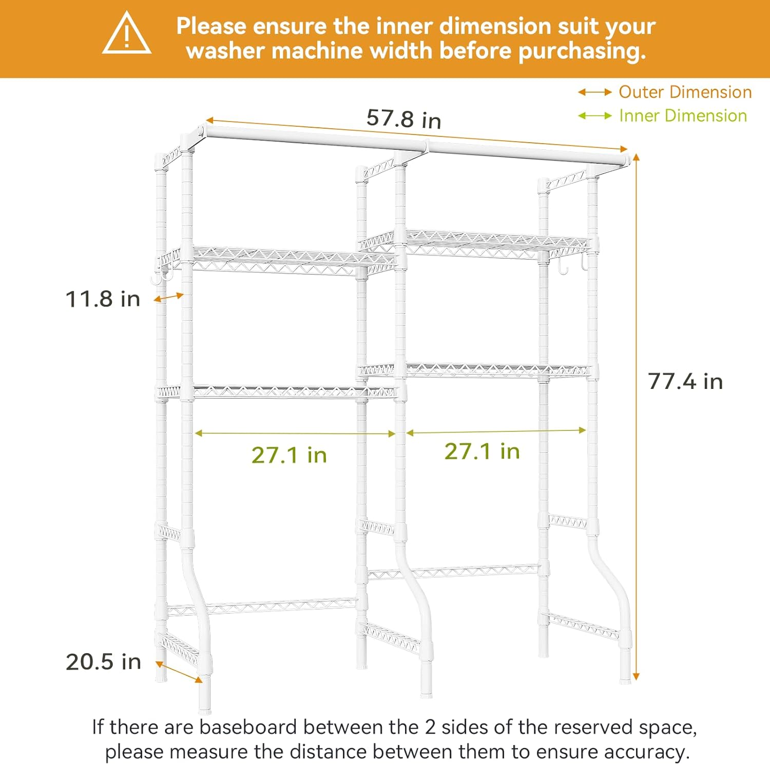 U14 Medium Over the Washer and Dryer Shelves, 4 Tiers Laundry Room Storage and Organizer System, Space Saving Clothes Drying Rack with 2 Clothes Hanger Rods, 57.8"W x 20.5"D x 77.4"H, White