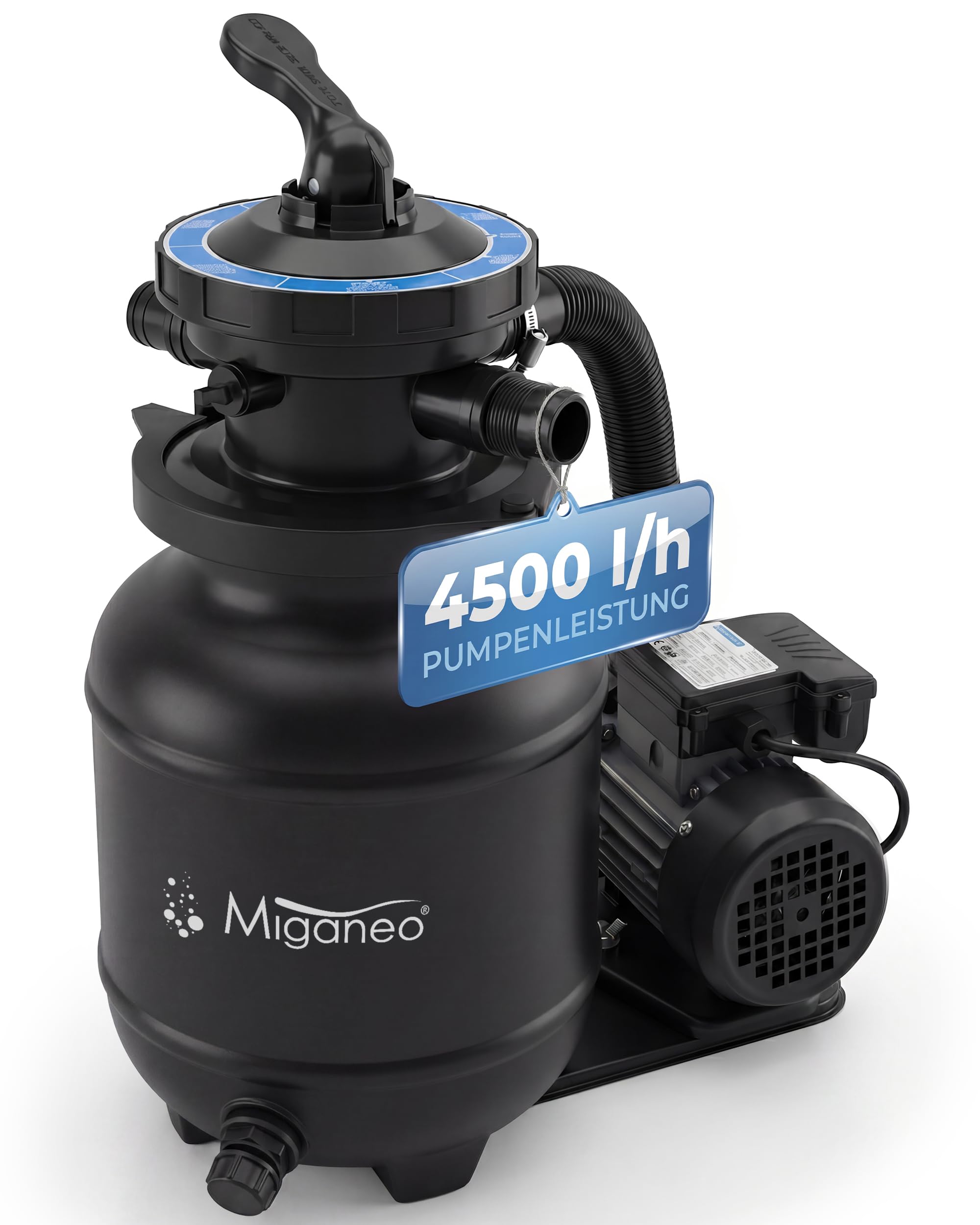 Miganeo Sandfilteranlage Speed Clean Dynamic 6500 Schwarz | Filteranlage für Pools bis 19.000 Liter | Poolpumpe mit 4.500 l/h Pumpenleistung und 3.900 l/h Filterleistung | stromsparende 200 Watt