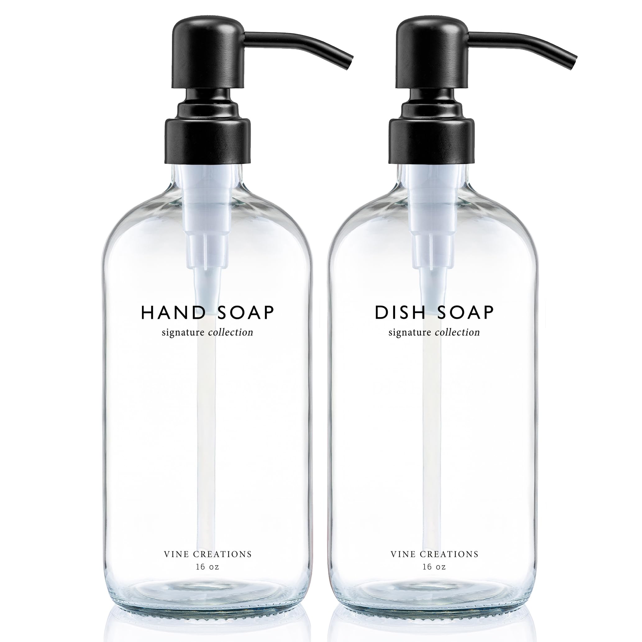 Vine Creations Dispenser di sapone in vetro trasparente, set di dispenser di sapone e sapone per le mani con pompa in acciaio inox, dispenser in vetro da 16 once per decorazione cucina e bagno