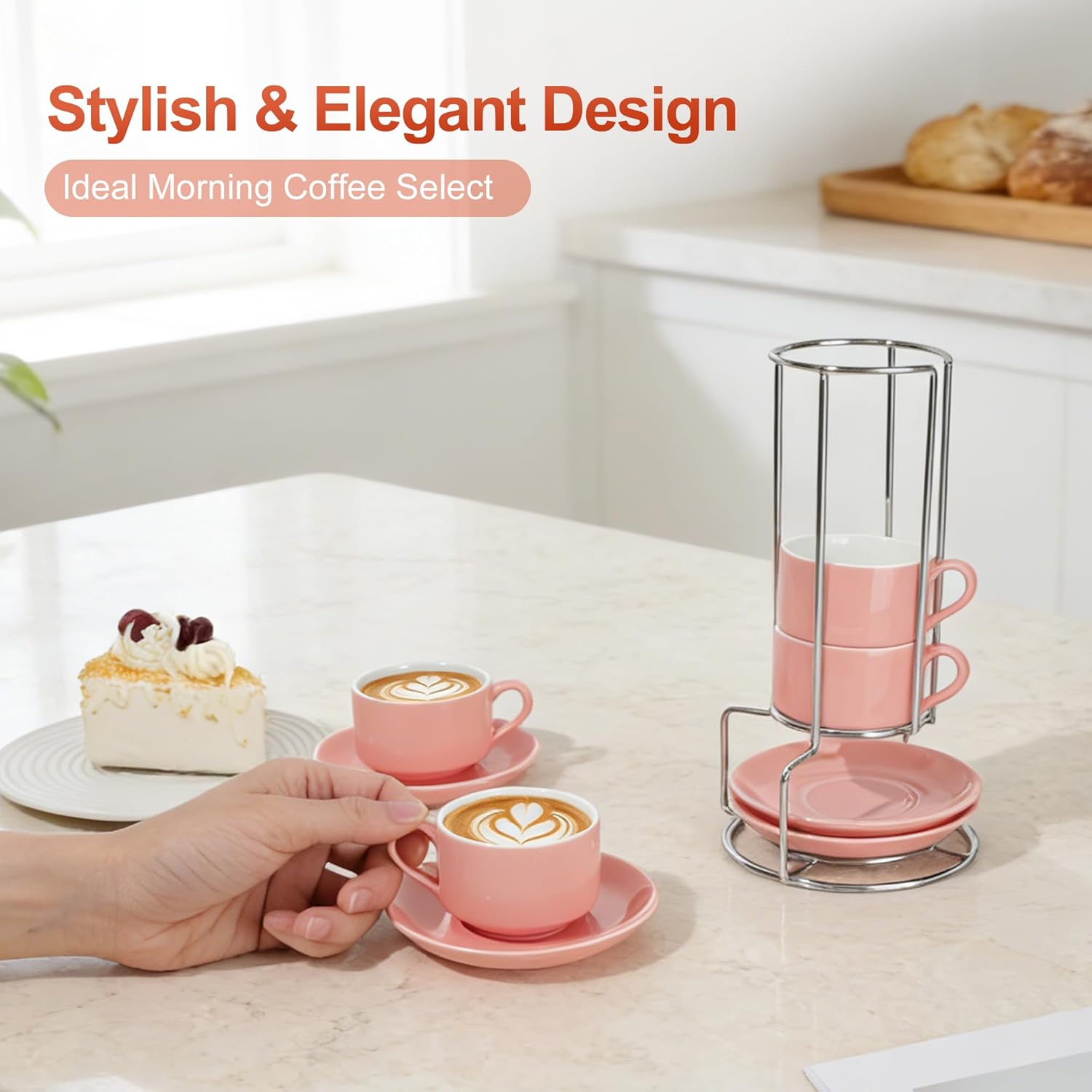 3 Ounce Espresso Cups Set of 4, Stackable Demitasse Mugs, Includes Display Stand, Cups Saucers, and Spoons, for Machines & Home Use, Pink, Silver Tone