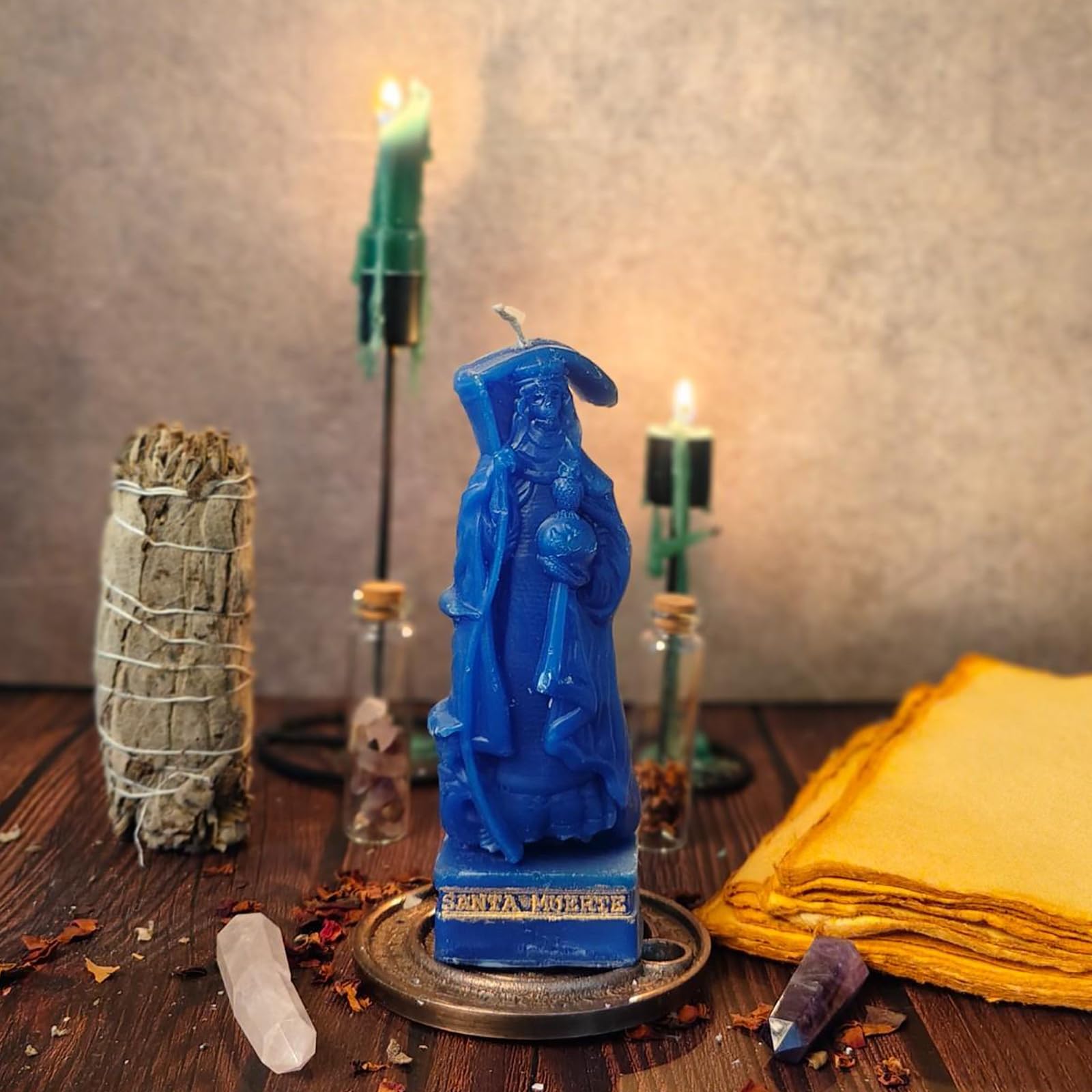 Hecate Wizard Mall-Santa Muerte Candle-Holy Death-Spell Candle-Ritual-Magic-Home Decor-Room Decor-Halloween-Spell Casting-Unscented-Soy Wax Blend-Healing-Aromatherapy (Blue)