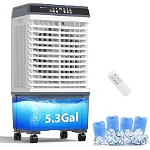 LifePlus Evaporative Air Cooler 1800 CFM Swamp Cooler Portable Cooling Fan with 5.3 Gallon Water Tank Remote Control, 3 Speed 3 Modes, 4 Ice Packs More Cooler, for Room Garage Patio