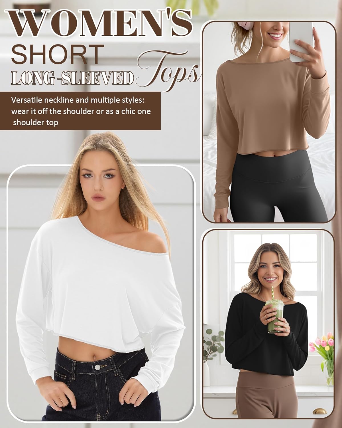 3 Pack Women's Cropped Long Sleeve Tops Boat Neck Loose Fit T-Shirts Oversized Drop Shoulder Casual Basic Tees - Image 3