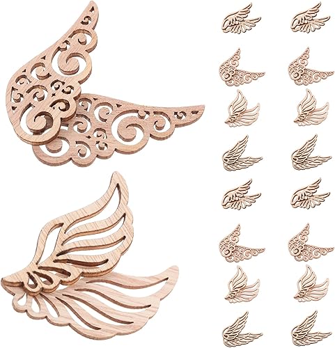 Miniatura 9 de IMIKEYA 80 piezas de parches de madera de alas de ángel, rebanadas de madera sin terminar, manualidades, rebanadas de madera en blanco para Navidad,