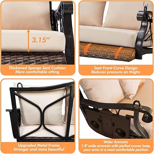 Miniatura 4 de Silla columpio de mimbre para 3 personas, resistente de 900 libras, silla columpio de ratán para exteriores con soporte para tazas y cadenas de