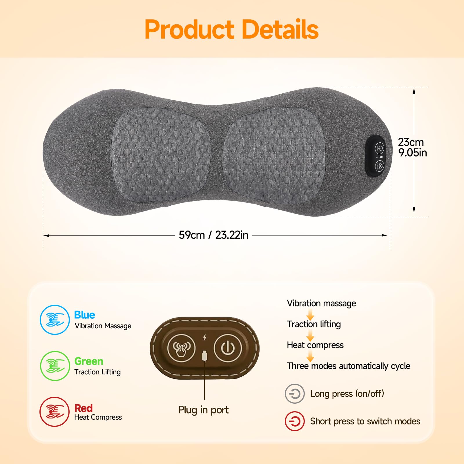 Cuscino Lombare Massaggiante Ricaricabile 3-in-1 con Calore, Vibrazione e Trazione - Supporto Lombare Ergonomico 26° per Ufficio, Casa e Viaggi (Grigio Scuro)