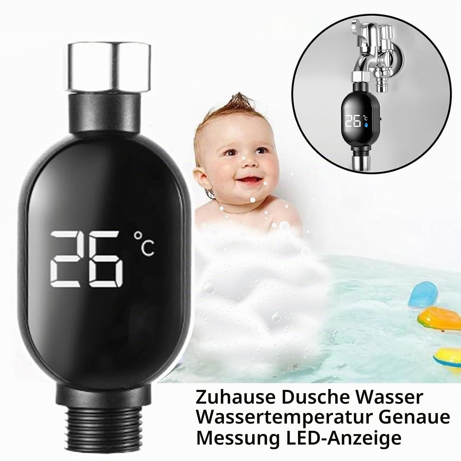 Duschthermometer, Wassertemperatursensor-Messgerät mit LED-Digitalanzeige, wasserdichtes Badezimmer-Zubehör für Küche, Wohnung, Hotel, Zuhause, Haushalt