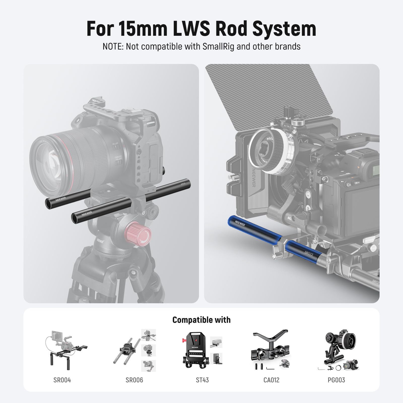 NEEWER Tige de 15mm (8"/20cm de Longue, Packs de 2), Tiges d'Extension Extensibles de 15mm en Alliage d'Aluminium pour Système de Rail de Tige LWS de 15mm, Plaque de Base de Plate-Forme Vidéo, SR022