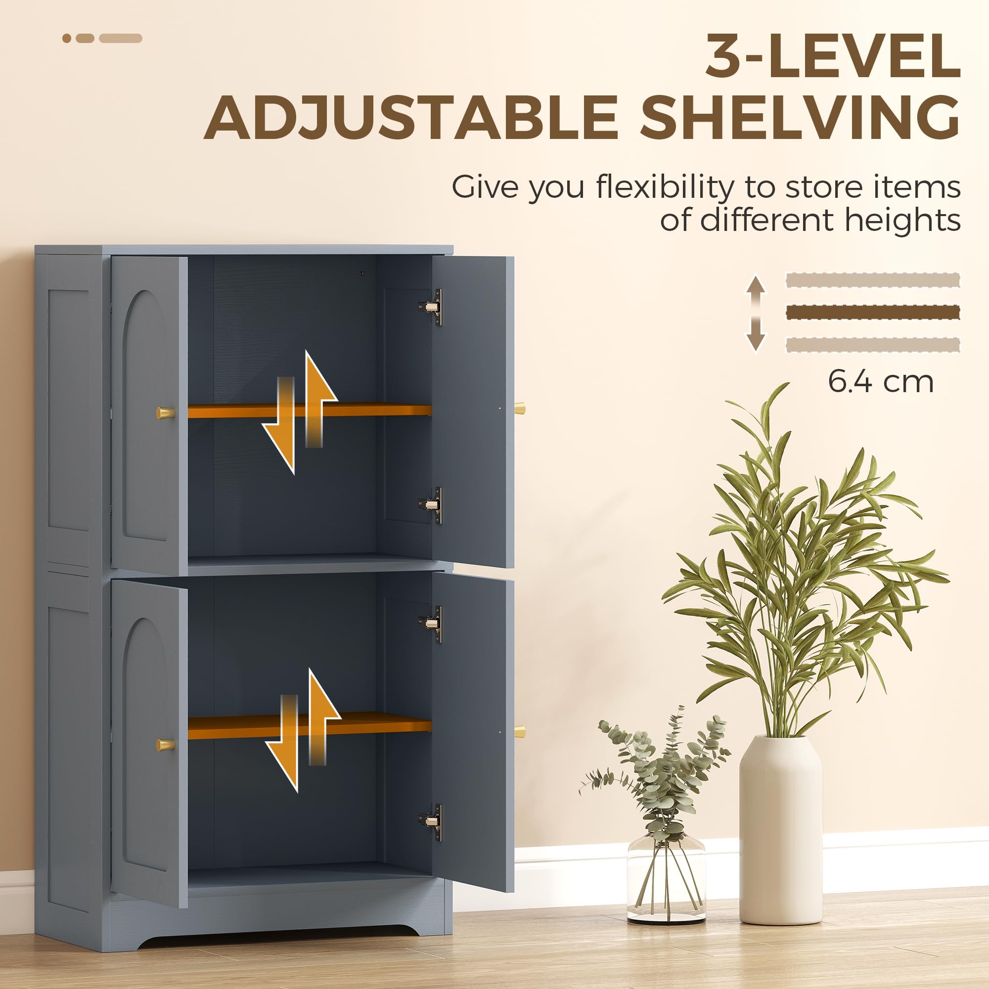 HOMCOM Armoire de cuisine de 110 cm, placard de rangement de cuisine indépendant avec 4 portes cintrées et 2 étagères réglables, placard de garde-manger moderne pour salle à manger, gris