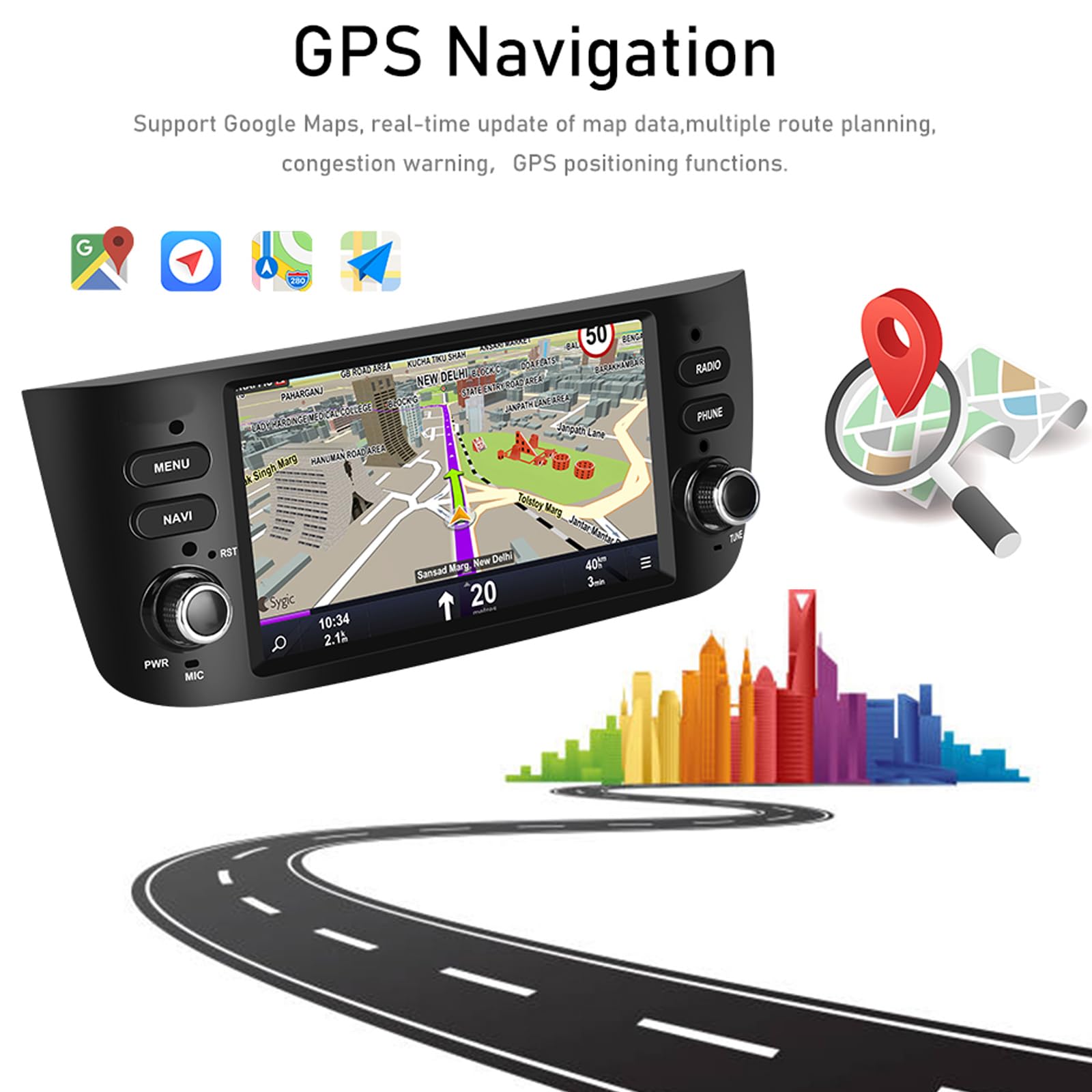 7 Pouces Double Din Carplay Android Auto Autoradio Compatible avec Fiat Punto Support Bluetooth/Mirror Link/GPS Navigation/SWC