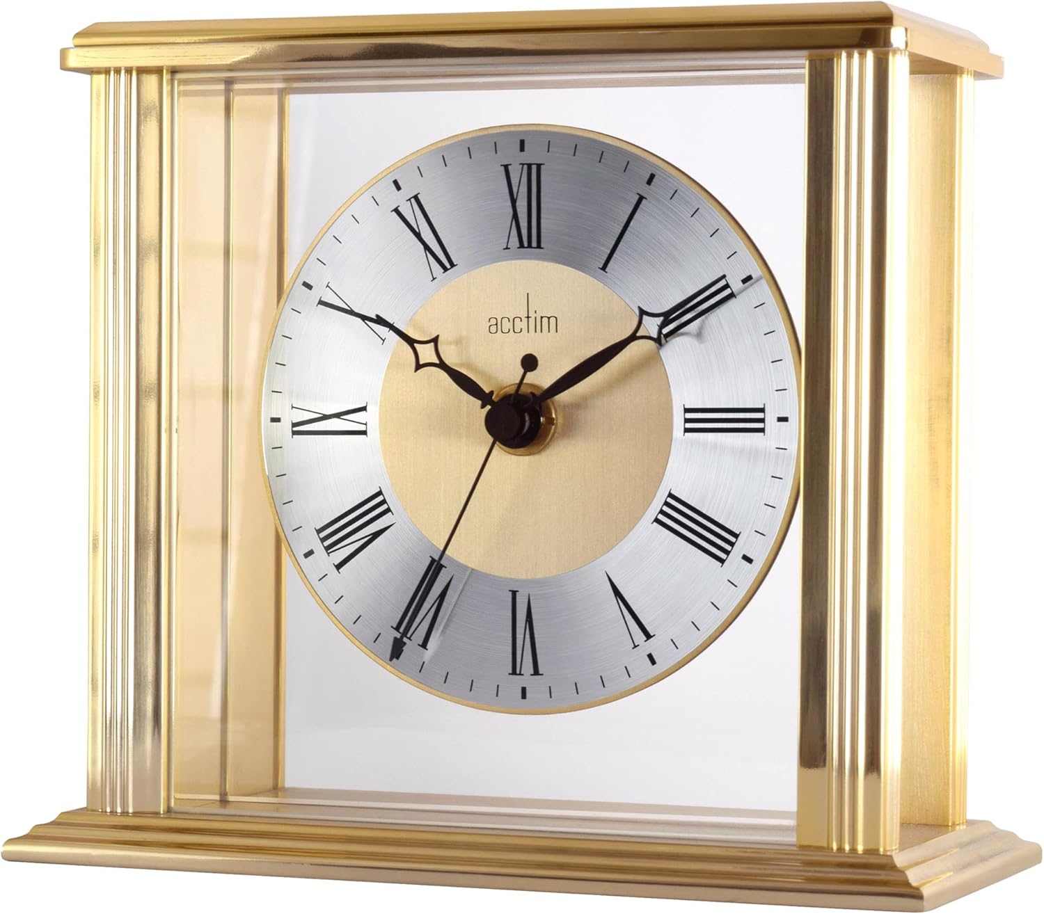 Acctim Hamilton Mantel Clock Quartz Brushed Metal & Glass Floating Effect Energy Efficient Brass