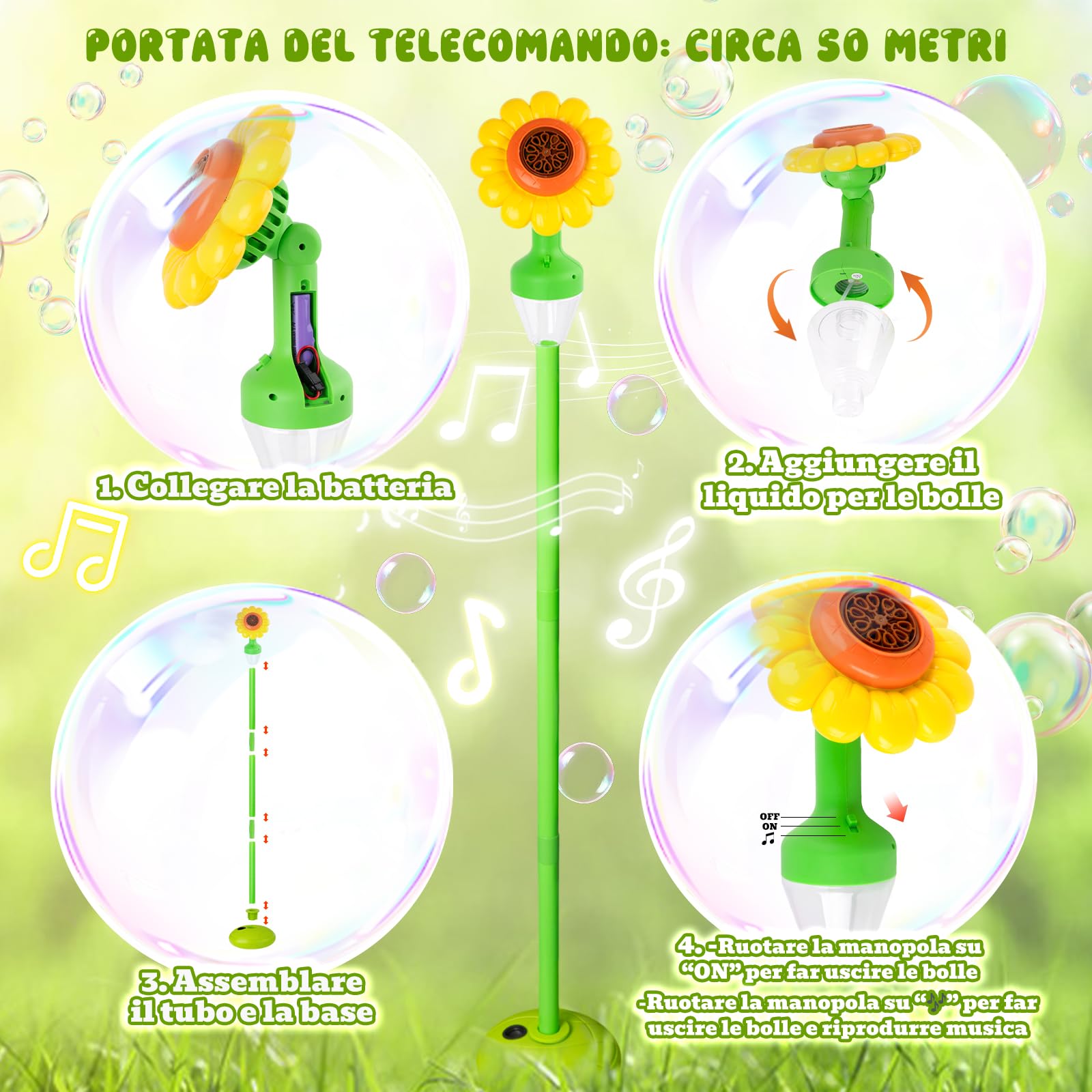 Macchina per Bolle Automatica, Macchina per Bolle di Sapone Ricaricabile con Luci e Musica per Bambini, All'Aperto, Giardino, Compleanno, Matrimonio, Festa, con Telecomando (Giallo)