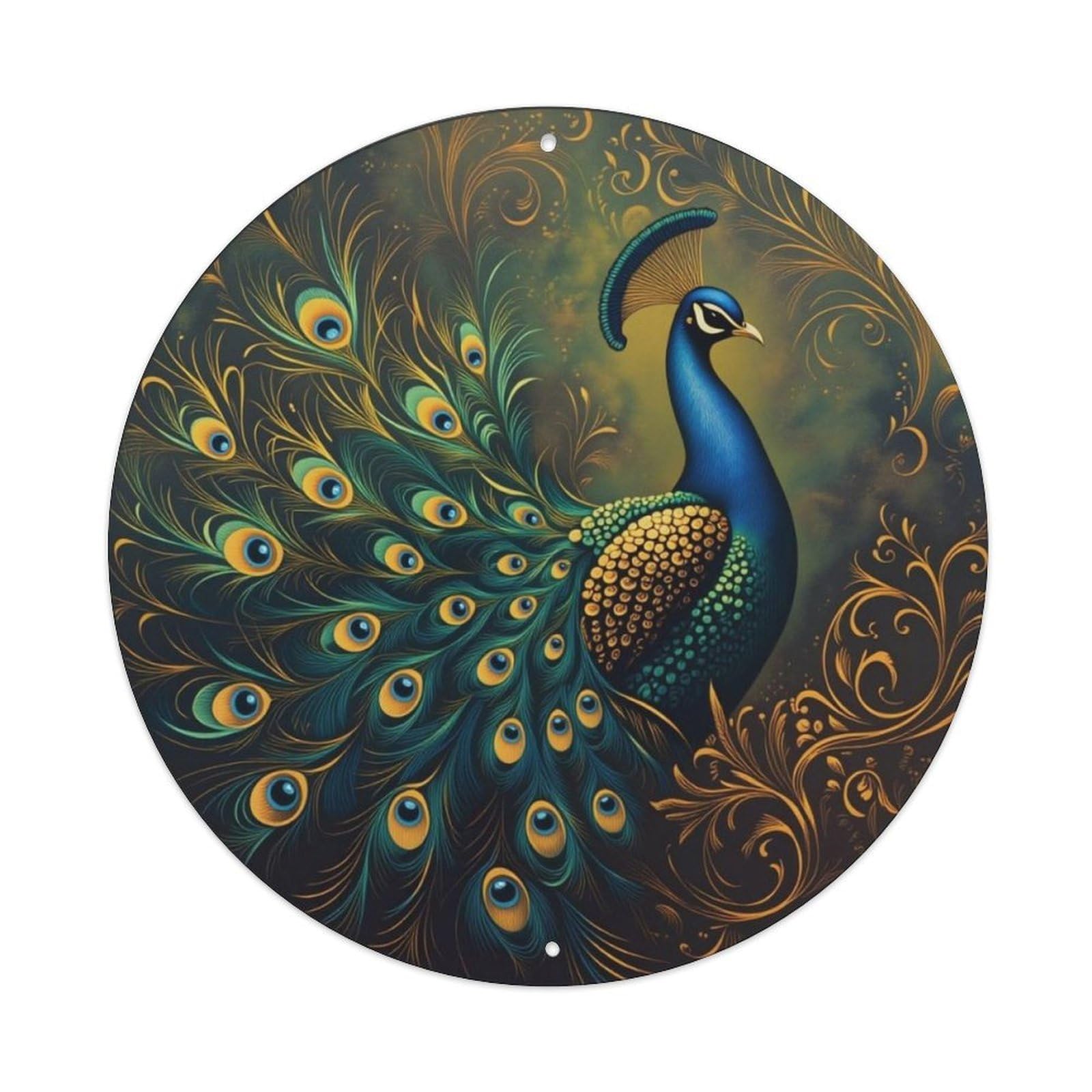 Ornate Peacock Full Plumage Vintage Round Decor Sign Vintage Aluminium Metal Sign, Retro Wall Decor for Home, Bar, Garage & Farmhouse 20x20cm