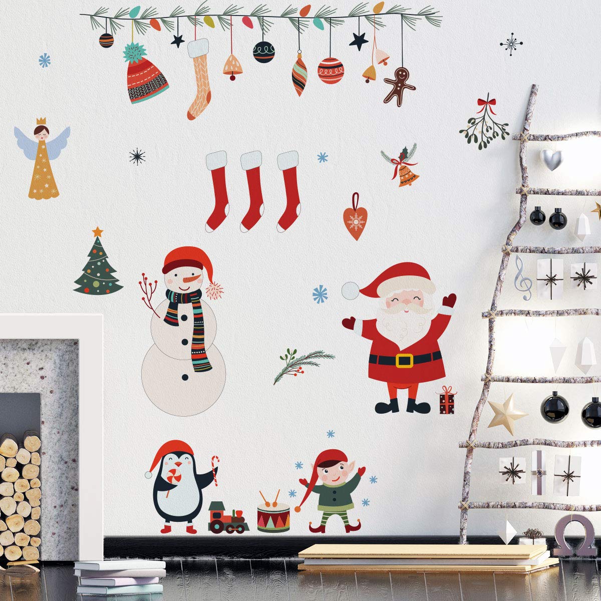 Ambiance Sticker Mural de Noël Éléments - Déco Fêtes, 60 x 80 cm | Stickers muraux de Noël, autocollant prédécoupé fond translucide, convient vitres et murs colorés, sans travaux