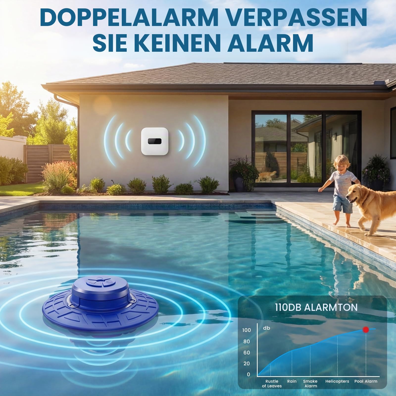 Pool-Alarm, schwimmender Sicherheitsalarm für Innen- und oberirdische Pools, 110 dB Sirene, IP68 wasserdicht, intelligente Wellenerkennung verhindert falsche Warnungen, 79,9 m kabellose Reichweite