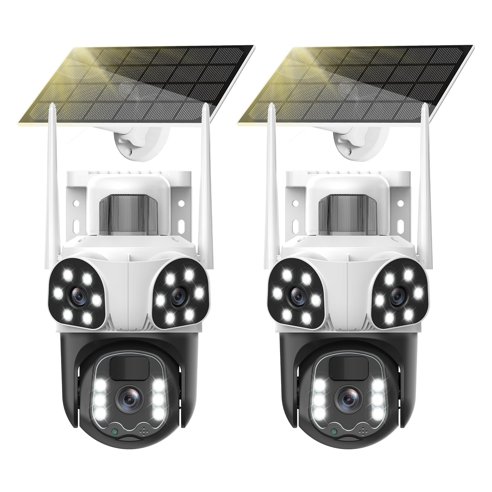 4K Triple Lente Camara Vigilancia WiFi Exterior con Panel Solar, 360°PTZ,Detección Humana PIR,Visión Nocturna en Color, Audio Bidireccional, Seguimiento Automático,Sirena,IP66,2 Pack
