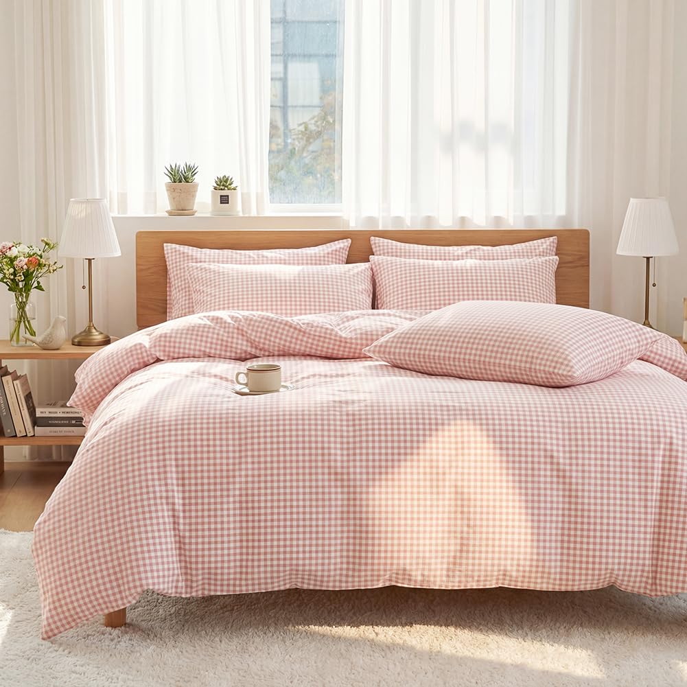 Michorinee King Size Duvet Cover Sets Pink Gingham Grid Bedding Sets Microfiber Pink and White Plaid Checkered Pattern Duvet Cover Kingsize Bed with Zipper Closure and 2 Pillow Case 50x75 cm — image 1