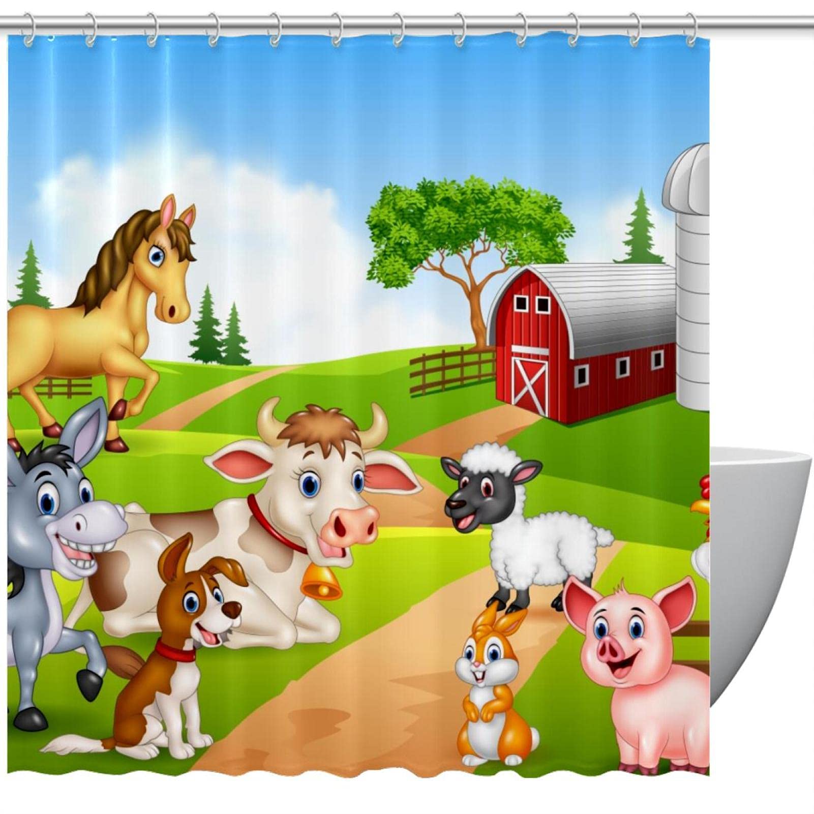 Rideaux de douche animaux de la ferme imperméables 180x180cm avec 12 crochets pour baignoire