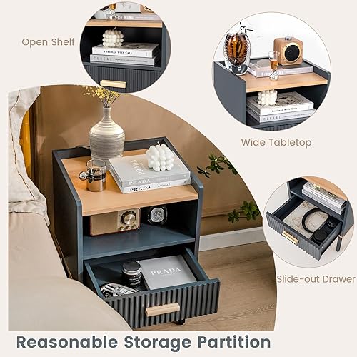 Miniatura 6 de Giantex Juego de 2 mesitas de noche con almacenamiento, mesita de noche con gabinete de una sola puerta, mesa auxiliar compacta con patas de metal