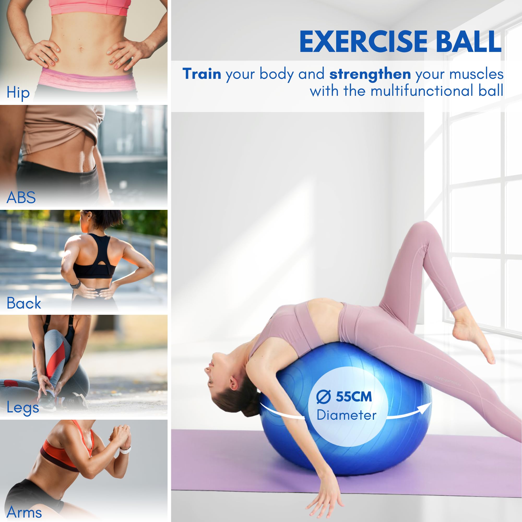 Palla Da Yoga 55 Cm Antiscivolo - Per Pilates, Fitness, Gravidanza, Con Gonfiatore Incluso, Resistente Fino A 150 Kg - Foto 10