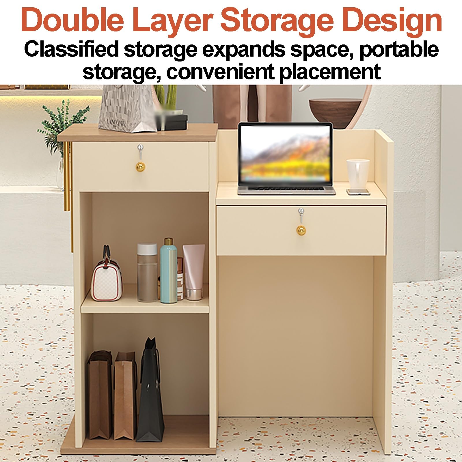 Comptoir Réception 140x60x110cm - Blanc Avec Tiroirs Verrouillables, MDF, Pour Commerce