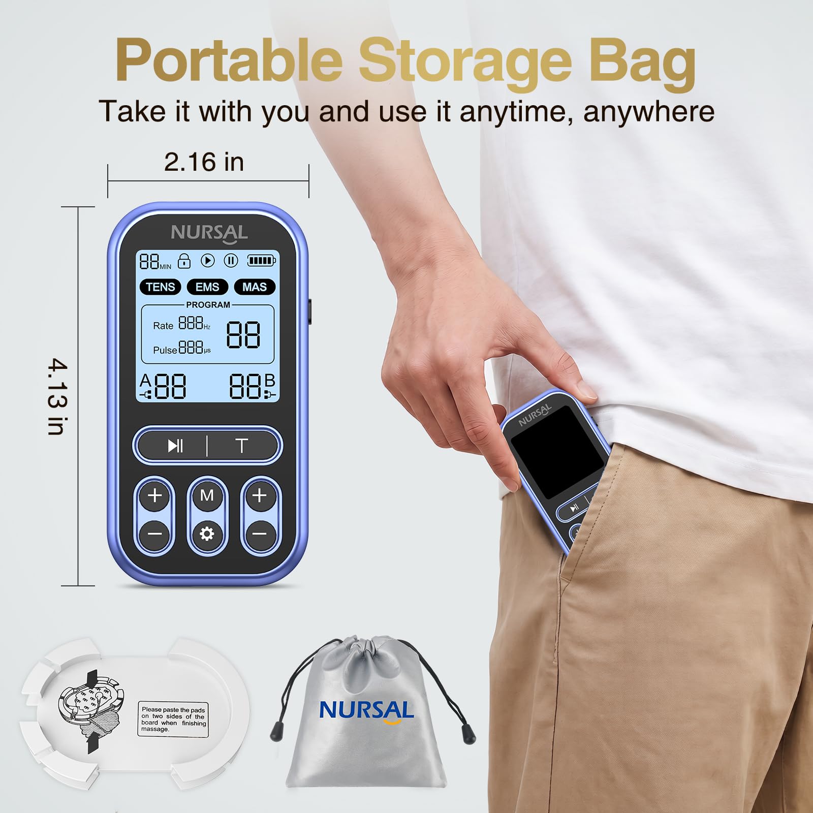 NURSAL 60 Modes TENS Unit Muscle Stimulator for Pain Relief Therapy, 3-in-1 Dual Channel EMS Muscle Stimulator for Back, Shoulder, Neck, Knee, Sciatica, Rechargeable TENS Machine with 12 TENS Pads — Amazon image 6