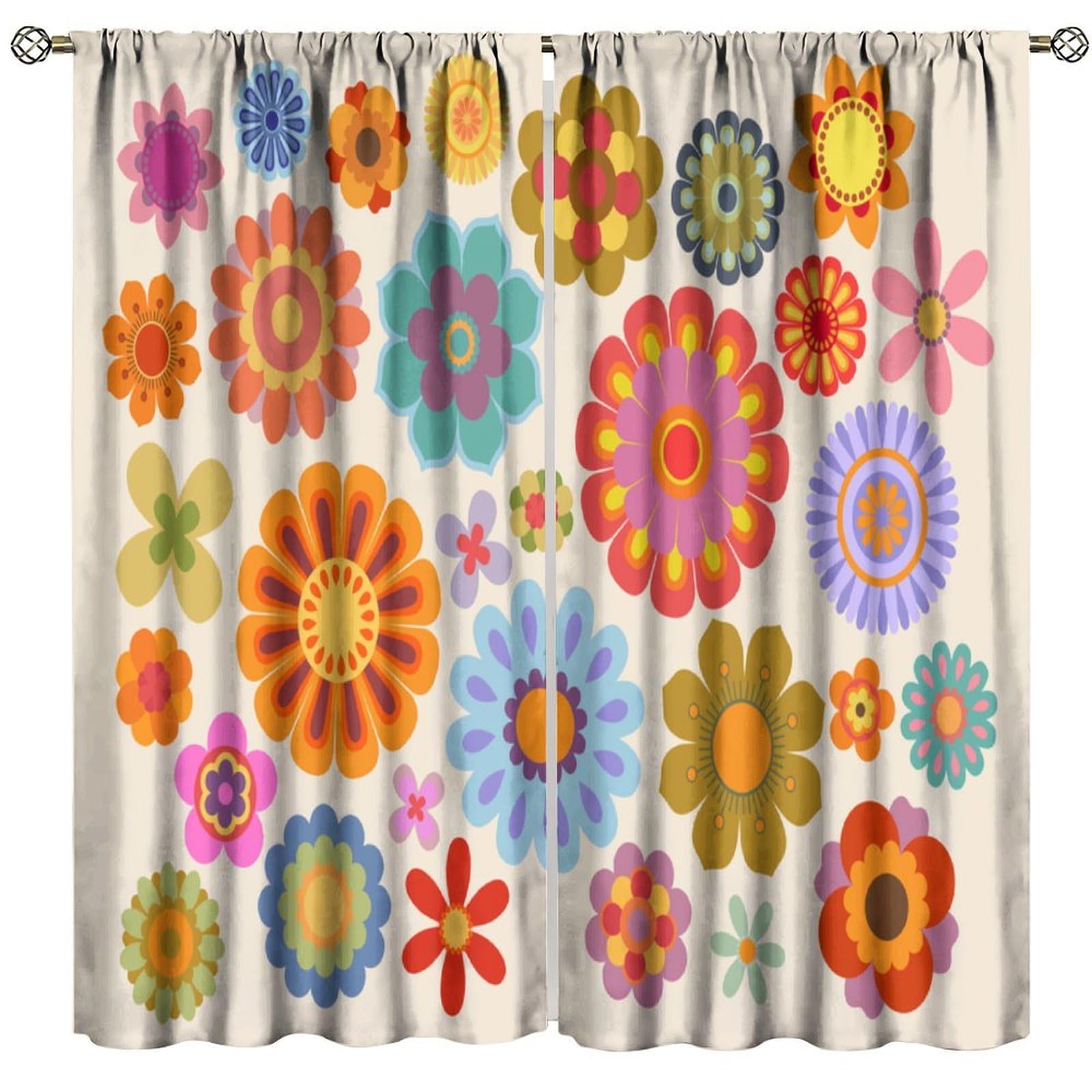 70s Blackout Window Curtain, Vintage Retro Orange Daisy Floral Hippie Groovy Cute Flower Aesthetic Boho Funky Trippy Print for Home Kitchen Restaurant Decoration Window Drapes 2Panel 52"W X 84"L