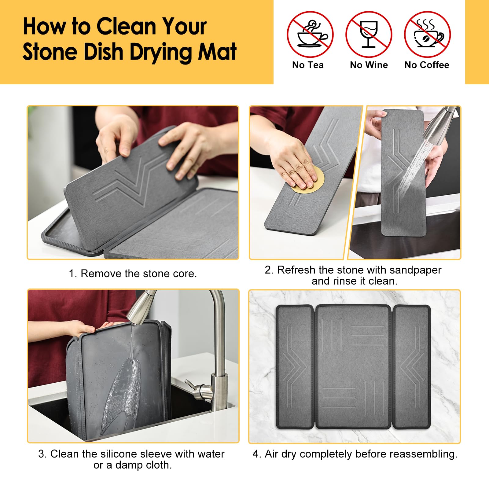 KitchenRaku Tapis d'égouttement en pierre avec housse en silicone, tapis d'égouttement pliable en trois parties, ultra absorbant et à séchage rapide pour la cuisine, respectueux de l'environnement