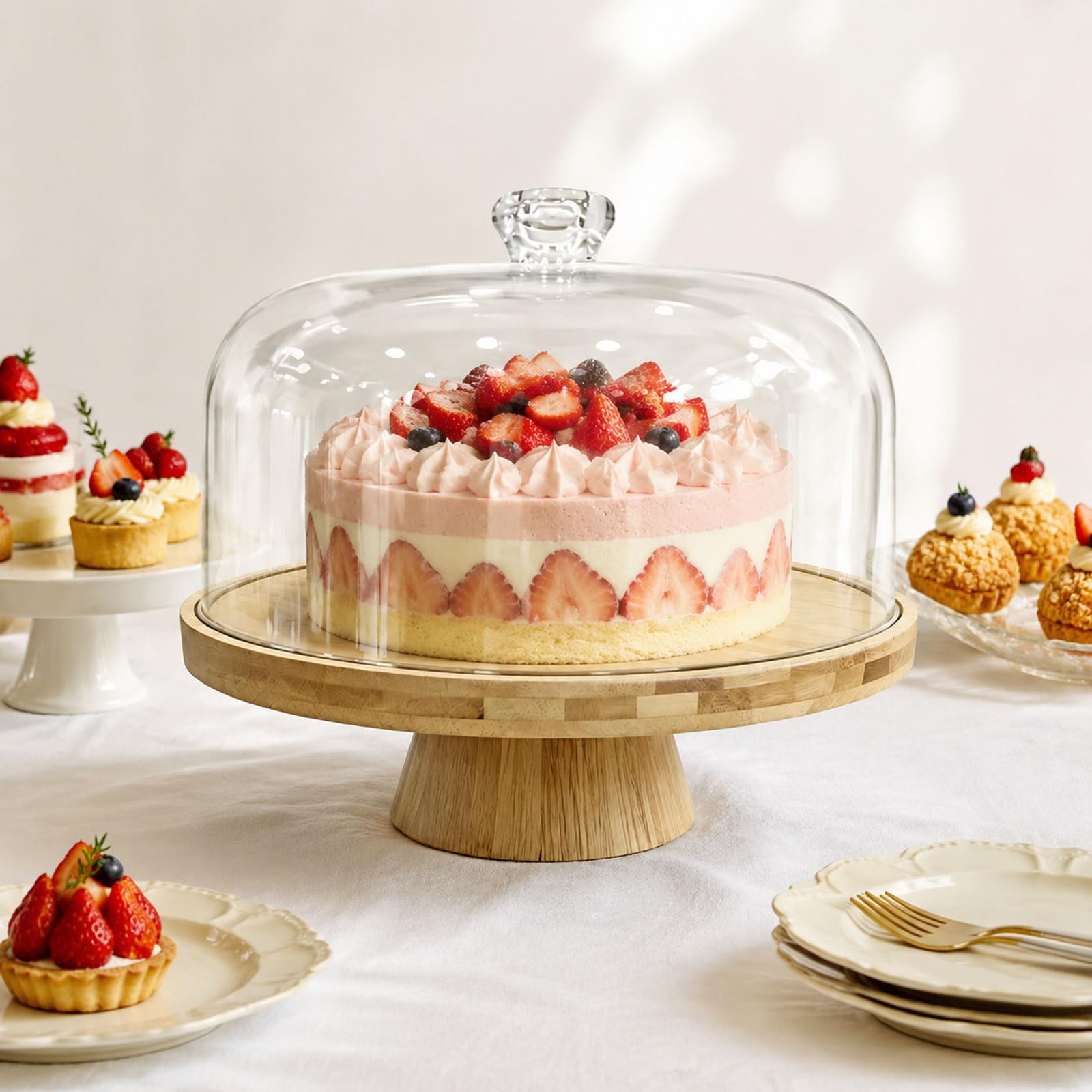 Patera na tort z pokrywką, drewniana patera na tort z pokrywką i nóżką, obracana patera do ciasta, patera na tort, do dekoracji ciast