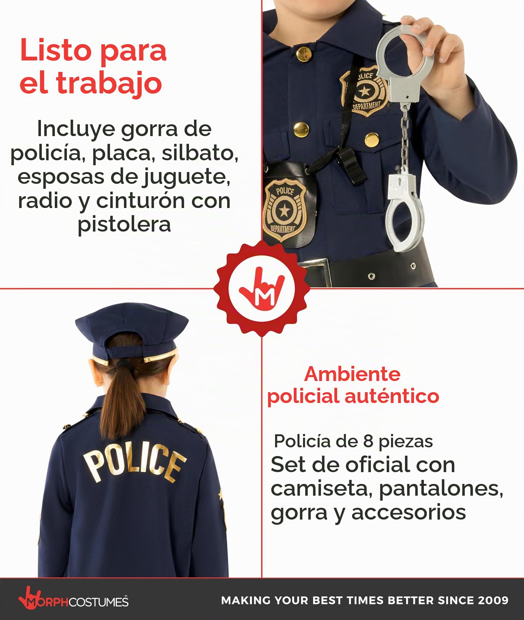 Morph Disfraz Policia Niña, Disfraz de Agente Halloween Niña | Camisa, Pantalón, Gorro & Accesorios de Juguete, Estilo Policía, Perfecto para Halloween, Ideal para Juegos de Rol
