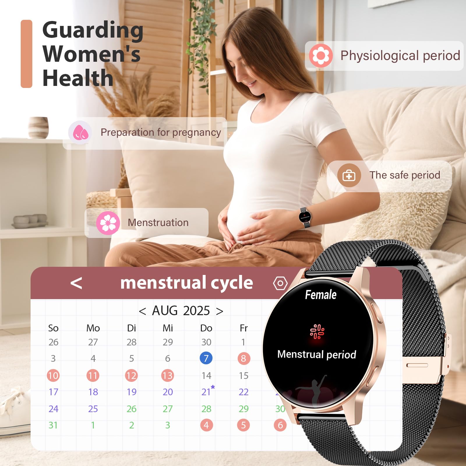 Miecgth 2025 Smartwatch Donna con SIRI/ET/HRV, 1.27" TFT Orologio Donna con Chiamate Cardiofrequenzimetro Ciclo Mestruale IP68 24H Sonno Caloria Fitness Tracker per Android & iOS (Oro nero)